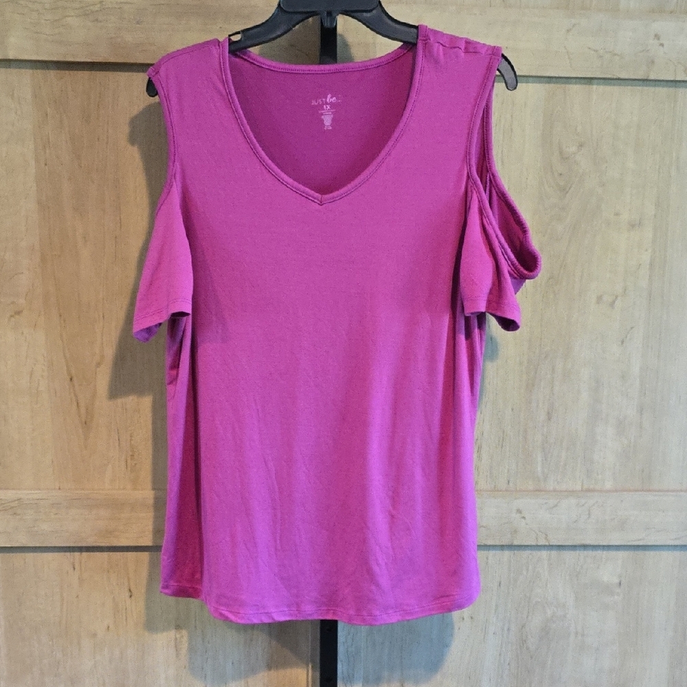 (J41) Just Be...Women's Cold Shoulder Blouse - Fuchsia Sz 1X